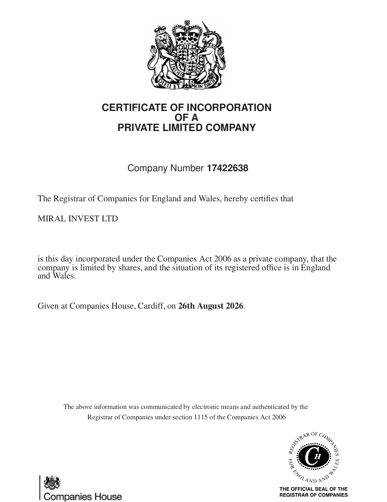 Certificate of Incorporation of Miral Invest Ltd, company number 17422638, issued by Companies House on 26 August 2026
